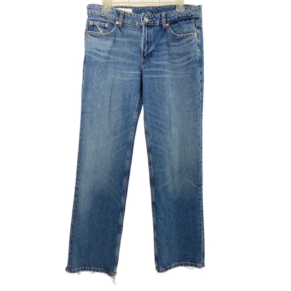 Zara Jeans Women Size 6 Straight Mid Rise‎ Raw Hem Medium Wash Denim Distress